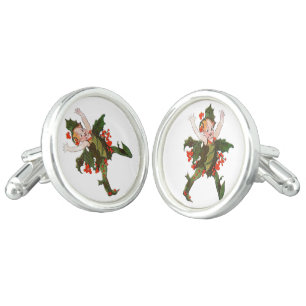 Holly Christmas Flower Child Cute Vintage Floral Cufflinks
