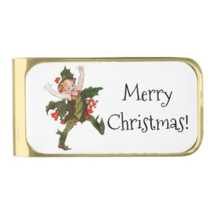 Holly Christmas Flower Child Cute Vintage Floral Gold Finish Money Clip