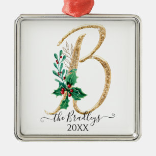 Holly Christmas Gold Glitter Family Monogram B Metal Ornament