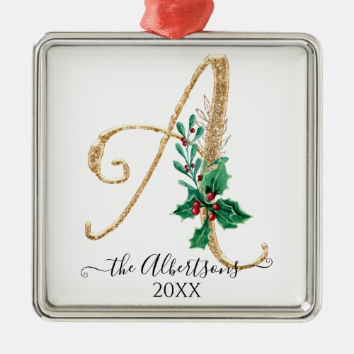 Holly Christmas Gold Glitter Monogram A Family Metal Ornament