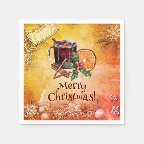 Holly Christmas Party Orange Cinnamon Greeting Napkins