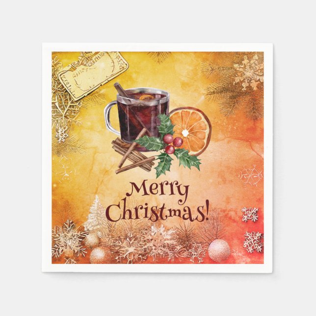 Holly Christmas Party Orange Cinnamon Greeting Napkins (Front)