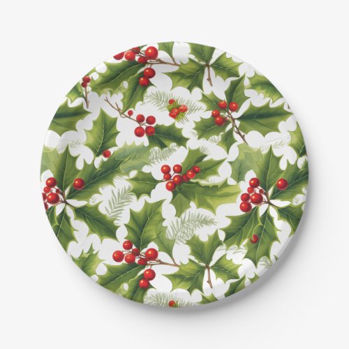 Holly Christmas Party Paper Plate Red and Green