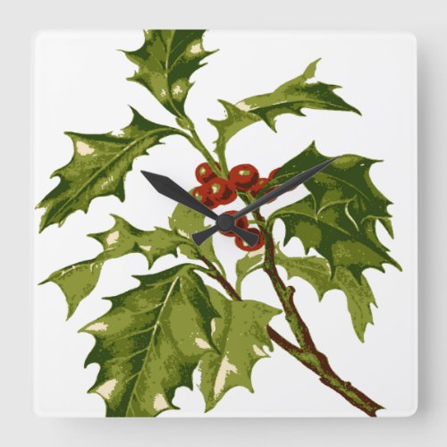 Holly Christmas Red Berry Square Wall Clock