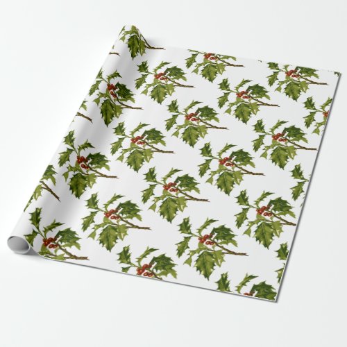 Holly Christmas Red Berry Wrapping Paper