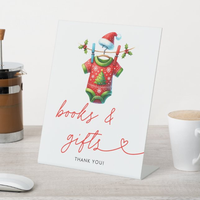  Holly Christmas Santa Baby Shower Books & Gifts Pedestal Sign (In SItu)