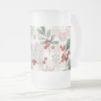 Holly Christmas Snow Watercolor Frosted Glass Beer Mug