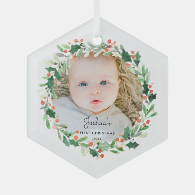 Holly Christmas Wreath Photo Baby First Christmas  Glass Ornament (Front)