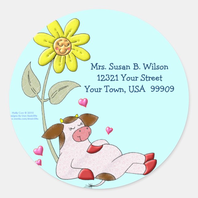 Holly Cow with Flower Classic Round Sticker (Front)