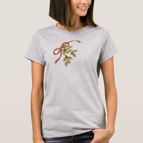 Holly_Day Sketch Holly Berries and Leaves T_Shirt