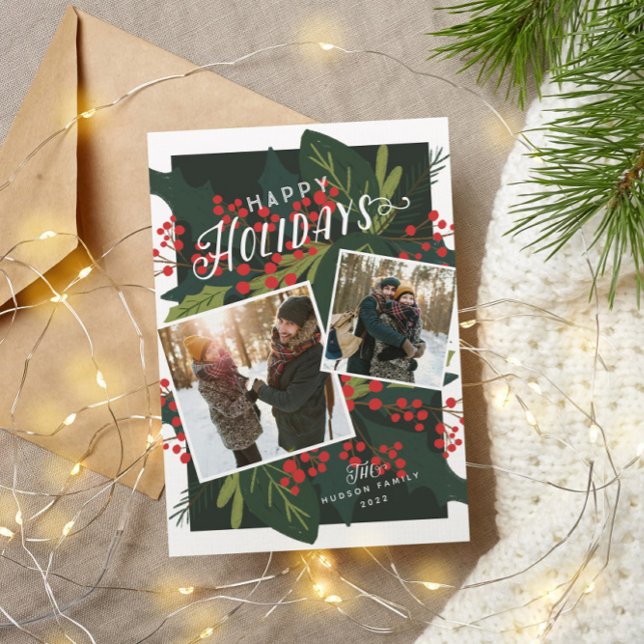 Holly Days Berry Tilted 2 Photo Snapshots Holiday Card (Creator Uploaded)