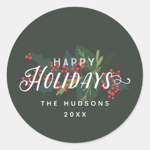 Holly Days   Happy Holidays Name Year Classic Round Sticker