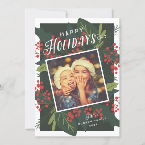 Holly Days  Happy Holidays Tilted Photo Holiday Card