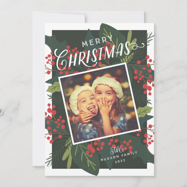 Holly Days | Merry Christmas Tilted Photo Holiday Card (Front)