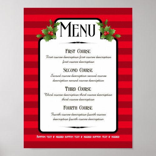 Holly dinner party Christmas holiday catering menu Poster