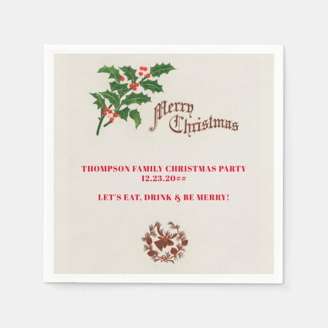 Holly Elegant Festive Christmas Dinner Party Napkins (Front)