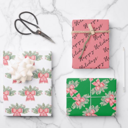 Holly Evergreen And Red Bow Wrapping Paper Sheets