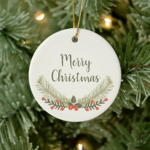Holly Evergreen Merry Christmas Ceramic Ornament
