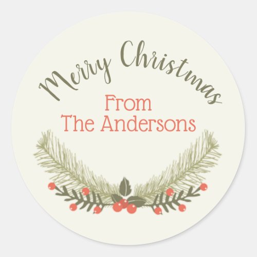 Holly Evergreen Merry Christmas Classic Round Sticker