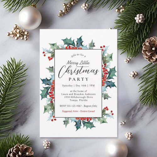 Holly Evergreens Merry Little Christmas Party Invitation