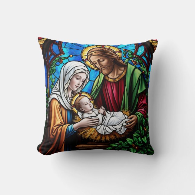 Holly family crystal stained glass image  throw pillow (Front)