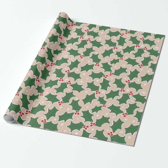 Holly Festive Christmas wrapping paper (Unrolled)