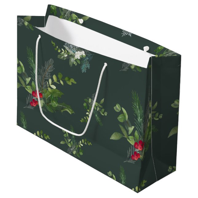Holly, Fir and Snowflake Forest Green Large Gift Bag (Front Angled)