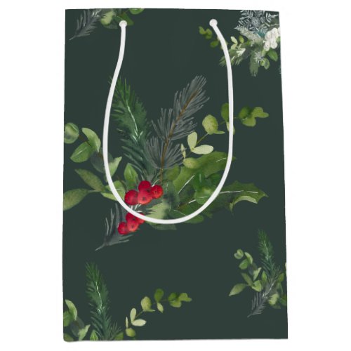 Holly Fir and Snowflake Forest Green Medium Gift Bag