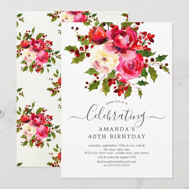 Holly Floral Birthday Party Invitation (Front/Back)