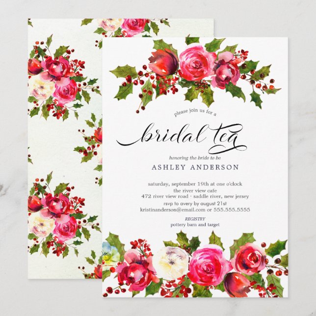 Holly Floral Bridal Shower Bridal Tea Invitation (Front/Back)