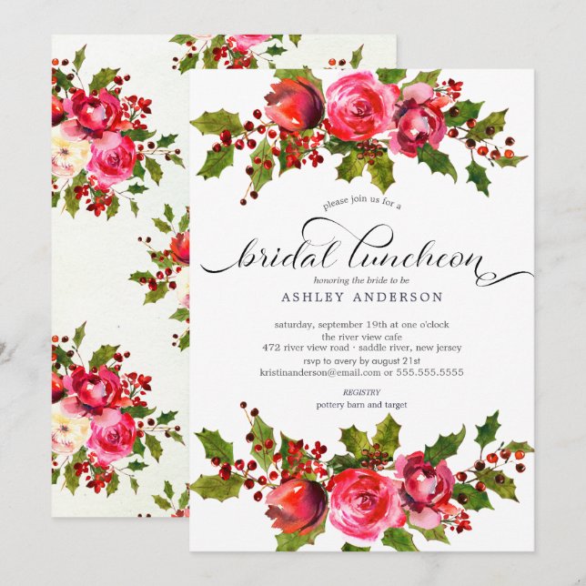 Holly Floral Bridal Shower Luncheon Invitation (Front/Back)