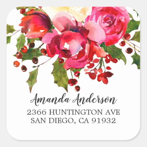 Holly Floral Bridal Shower Return Address Square Sticker