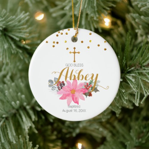 Holly Flower Baptism Ornament God Bless Baby Girl