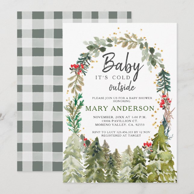 Holly Flowers Winter Pine Trees Baby Shower Invitation (Front/Back)