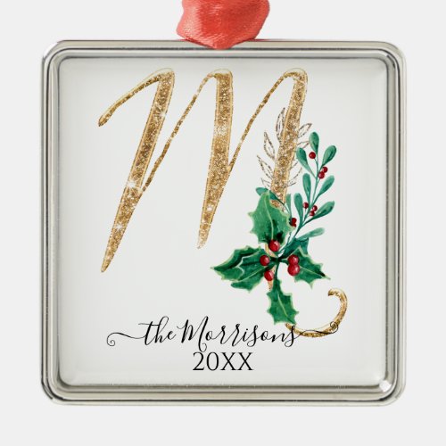 Holly Foliage Monogram M Gold Glitter Christmas Metal Ornament