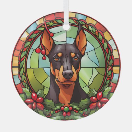 Holly Frame Doberman Pinscher Dog Christmas Glass Ornament