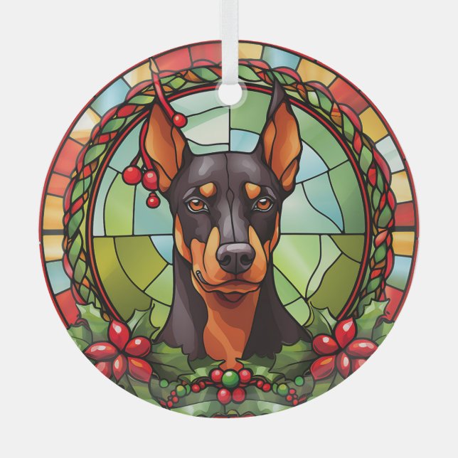 Holly Frame Doberman Pinscher Dog Christmas Glass Ornament (Front)