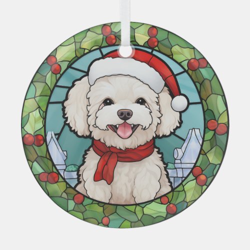 Holly Frame Santa Bichon Frise Dog Christmas Glass Ornament