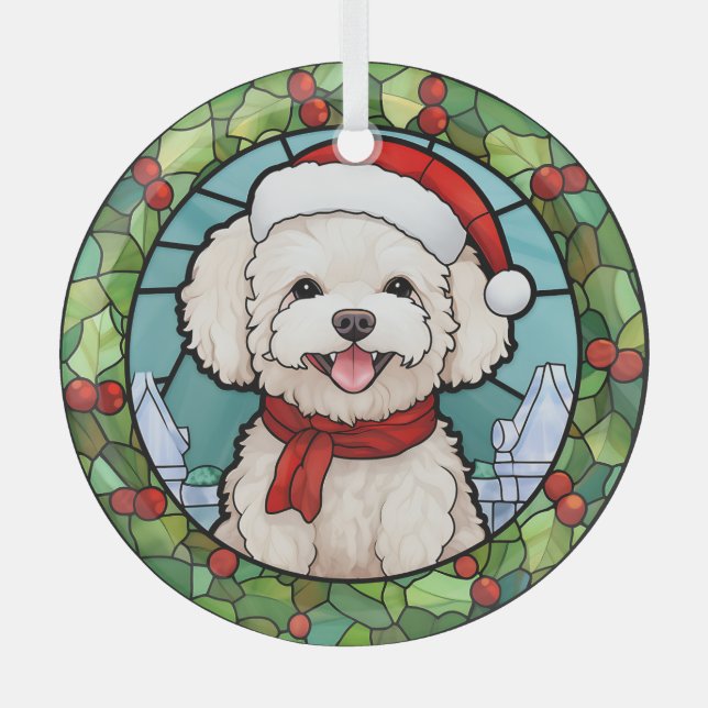 Holly Frame Santa Bichon Frise Dog Christmas Glass Ornament (Front)