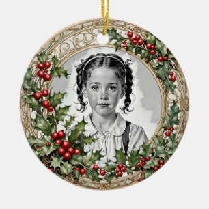 Holly Framed Custom Christmas Photo Round Ceramic Ornament