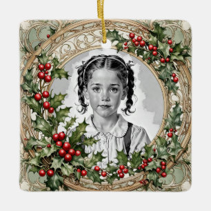 Holly Framed Custom Christmas Photo Square Ceramic Ornament