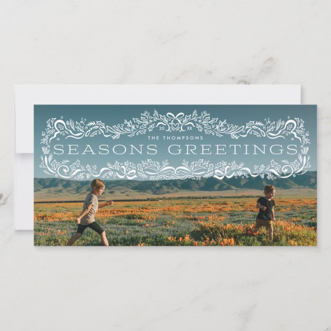 Holly Framed Seasons Greetings Photo Holiday Card (Front)