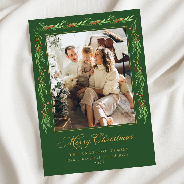 Holly Garland Merry Christmas Photo Card (Creator Uploaded)