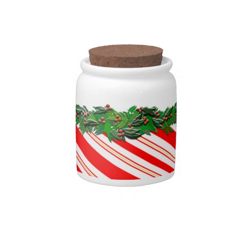 Holly Garland with Candy Cane Stripes Candy Jar