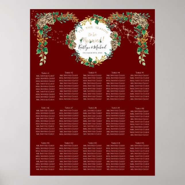 Holly Gold Foliage Burgundy Wedding Seating Chart (Front)