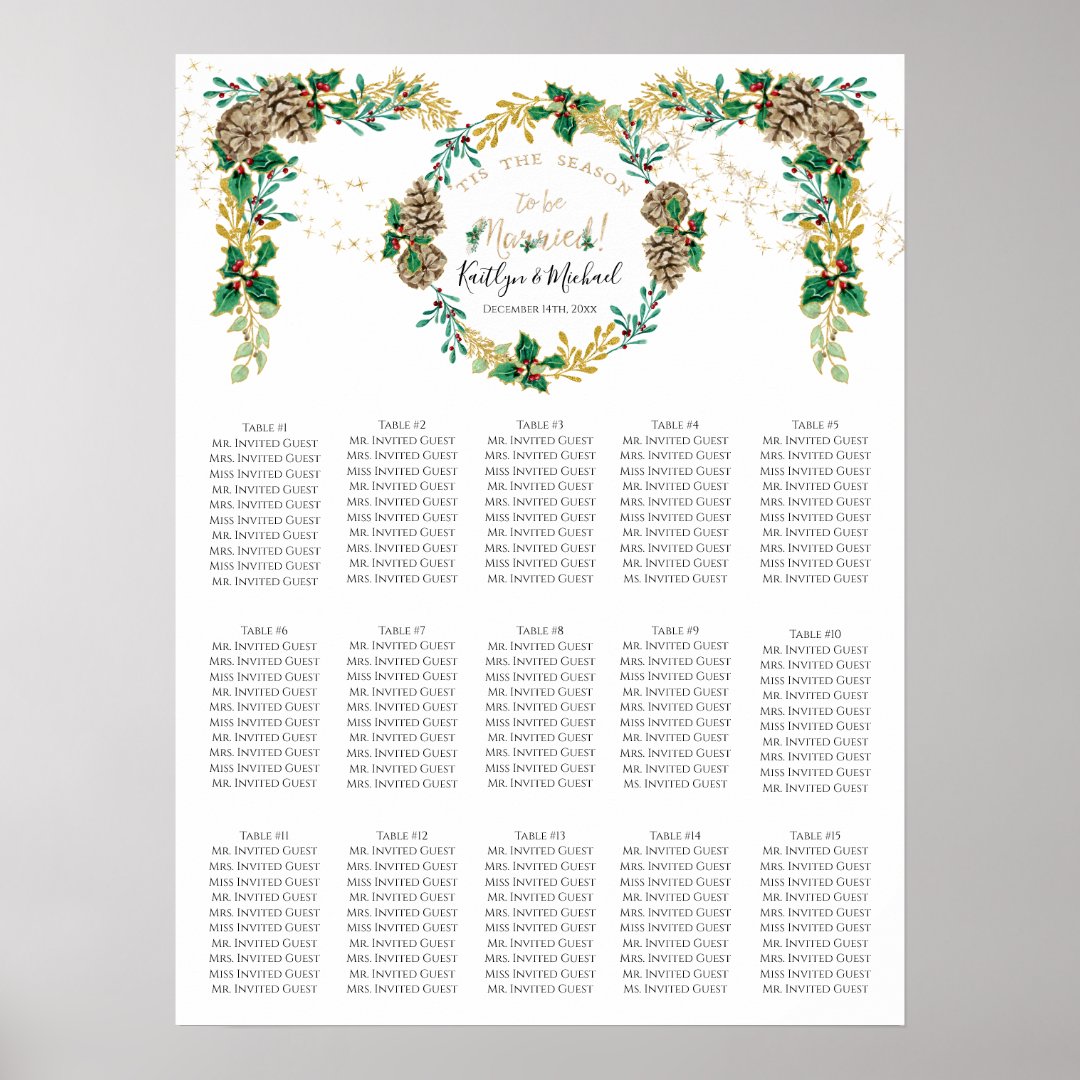 holly-gold-foliage-christmas-wedding-seating-chart-zazzle