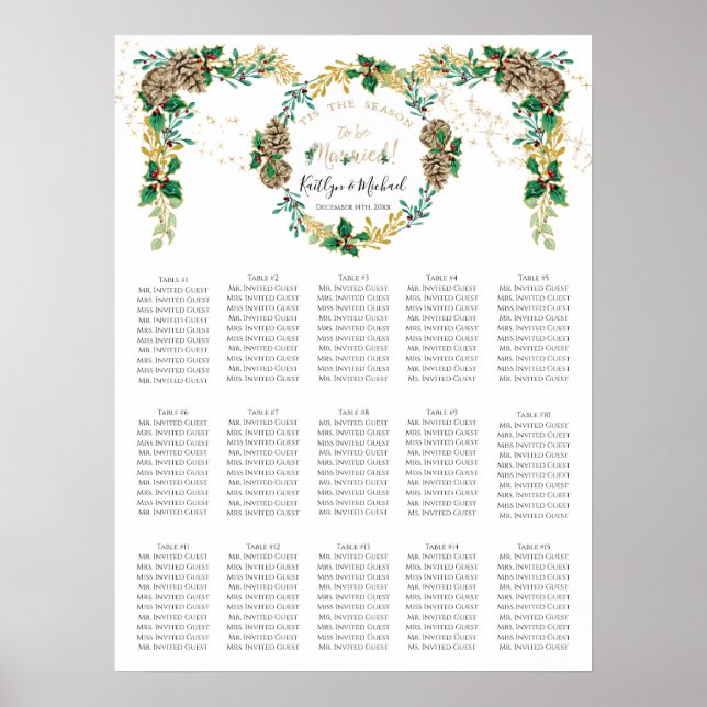 Holly Gold Foliage Christmas Wedding Seating Chart (Front)