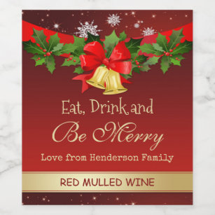 Holly, golden bells and snowflakes Christmas Wine Label