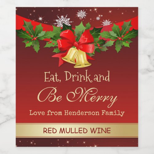 Holly golden bells and snowflakes Christmas Wine Label