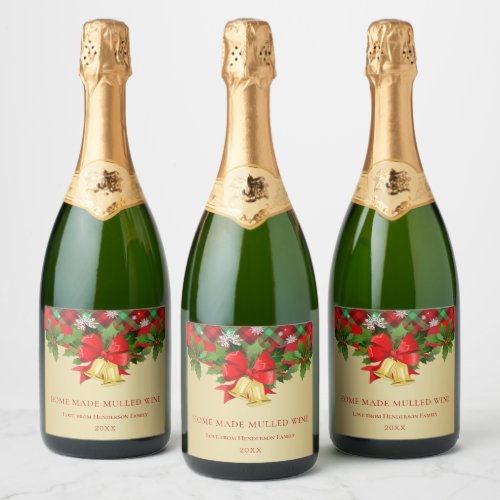 Holly golden bells and snowflakes Christmas Wine  Sparkling Wine Label